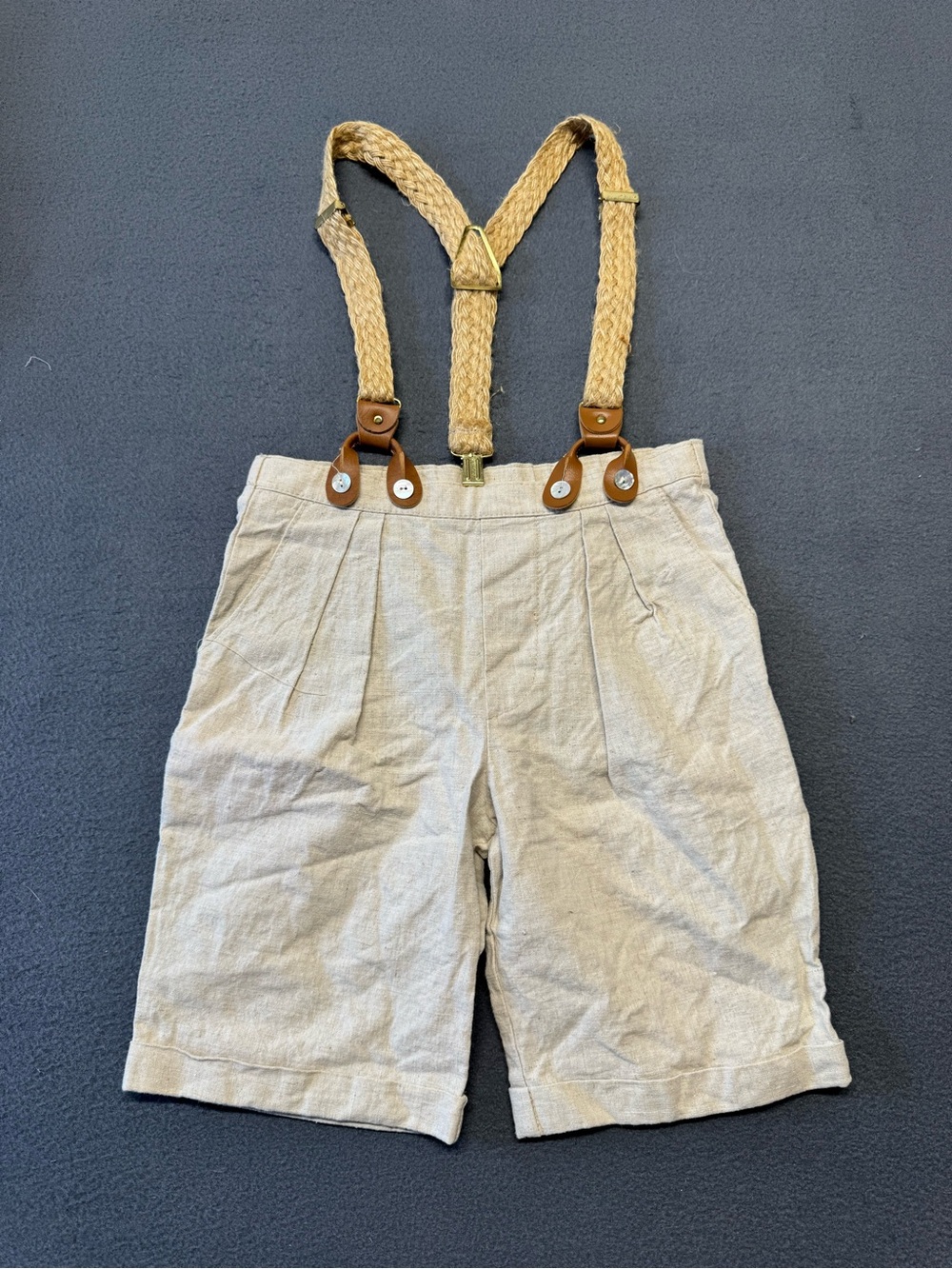 Vintage Kids Beige Linen Shorts with Tan Braided Suspenders